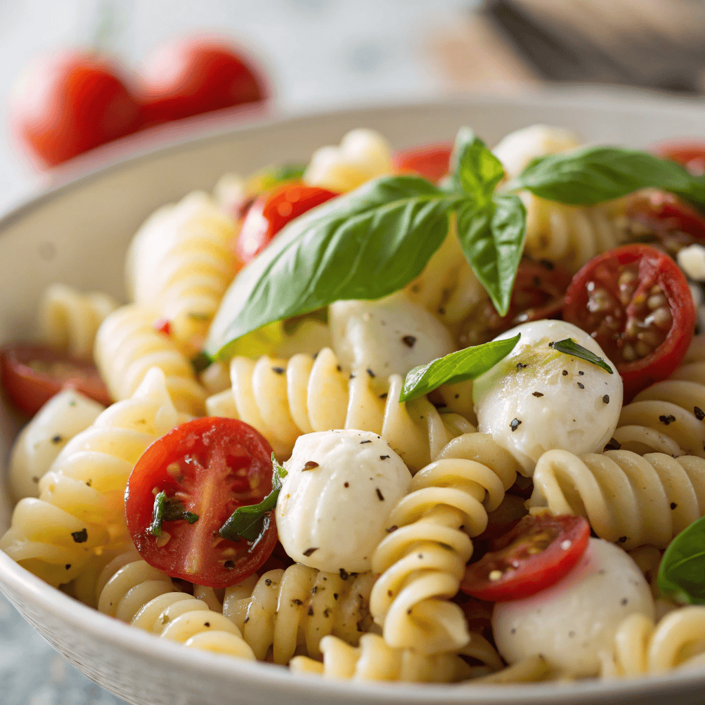 Close-up of caprese pasta salad showing balsamic glaze, mozzarella, tomatoes, and basil.