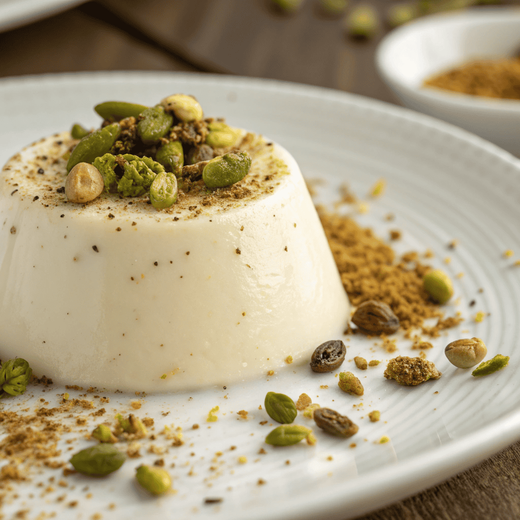 Close-up of cardamom panna cotta showing smooth texture and pistachio garnish
