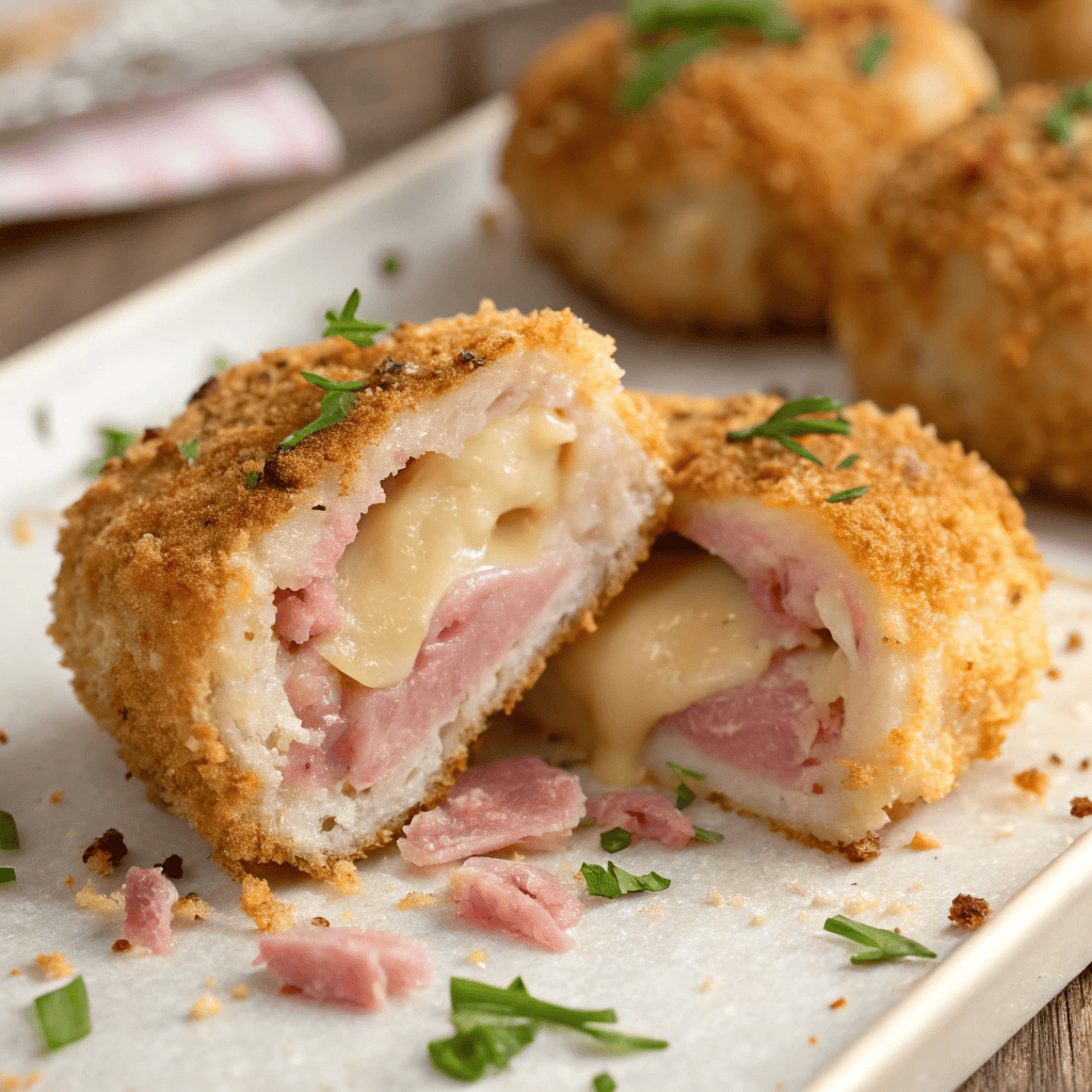 Macro close-up of crispy chicken cordon bleu bite showing melted cheese and ham texture.
