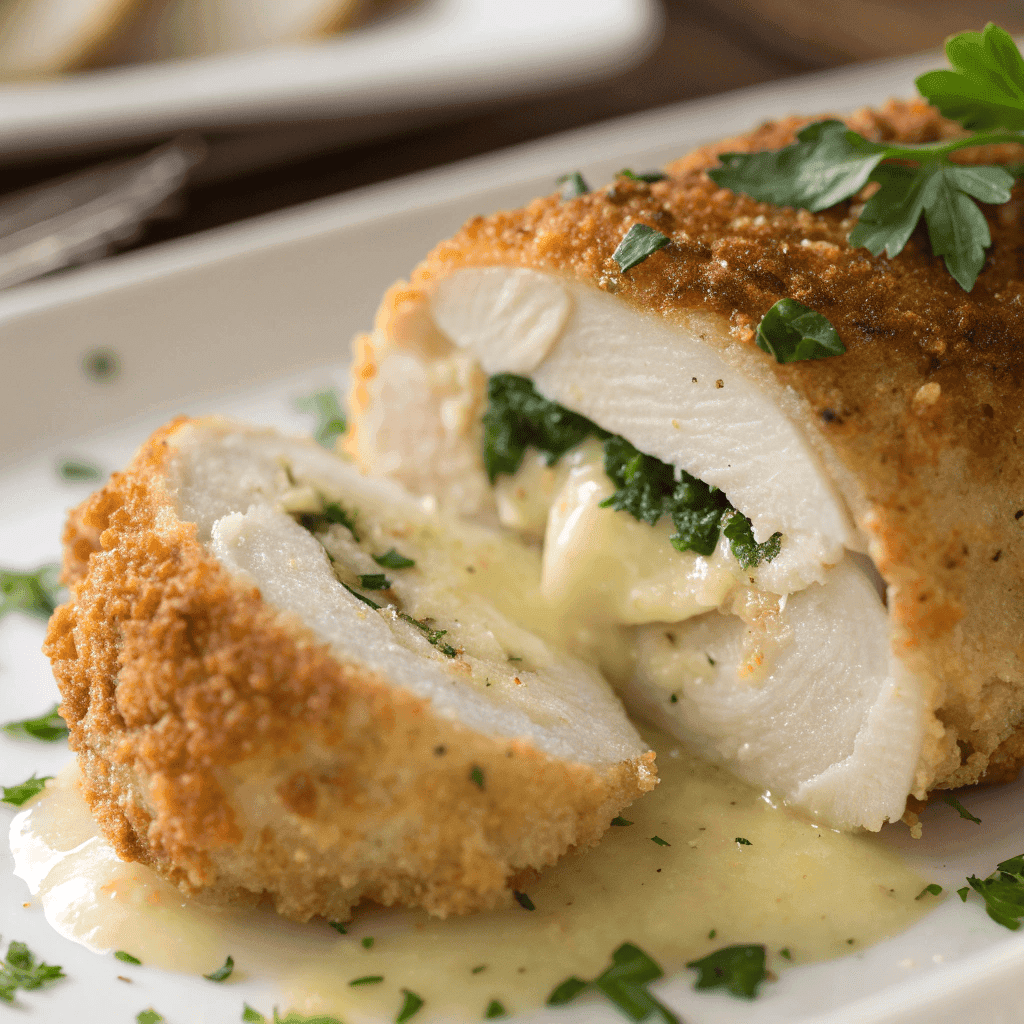 Macro close-up of Chicken Kiev showing crispy crust and flowing garlic butter.