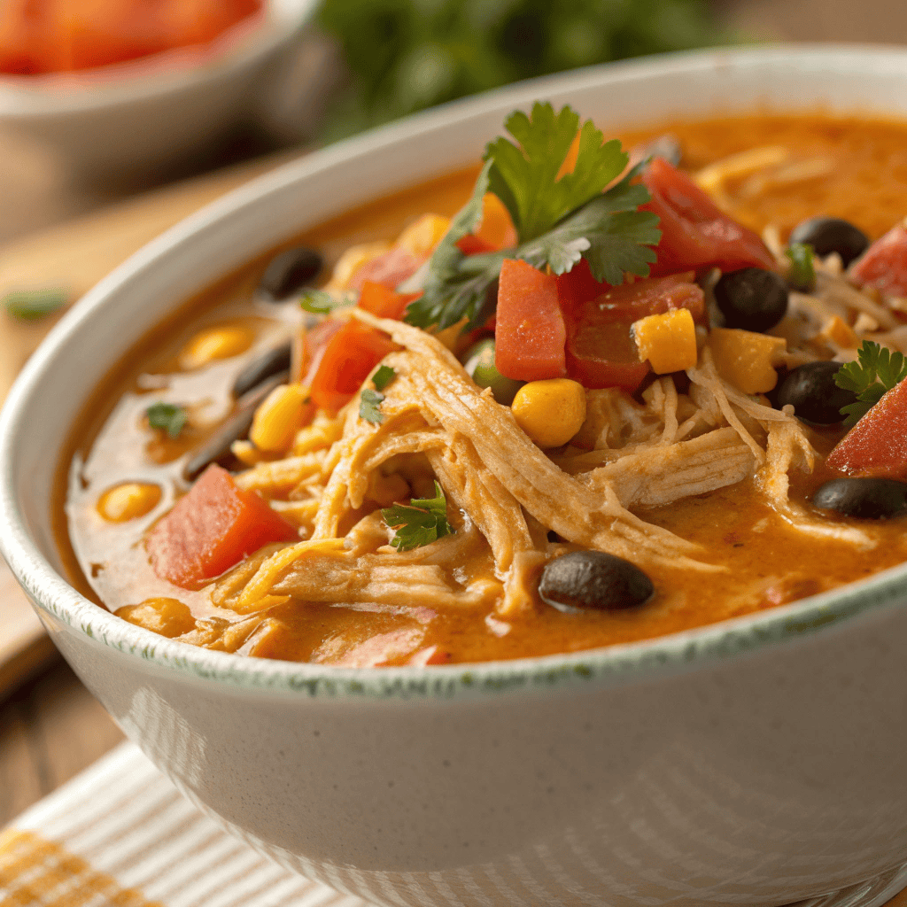 Close-up of chicken enchilada soup showing shredded chicken, beans, corn, and creamy orange broth.