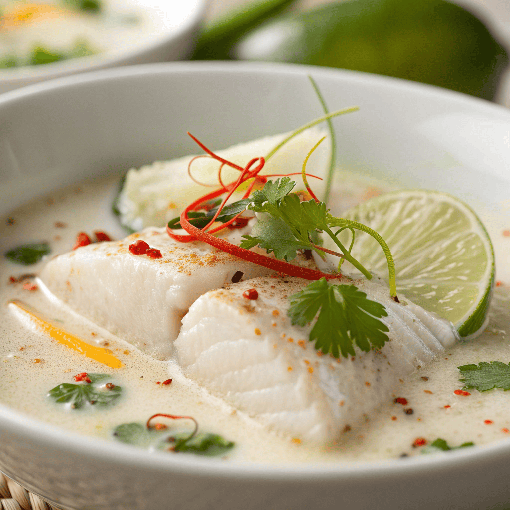 Close-up of flaky white fish in creamy coconut lime broth with chili oil and cilantro.