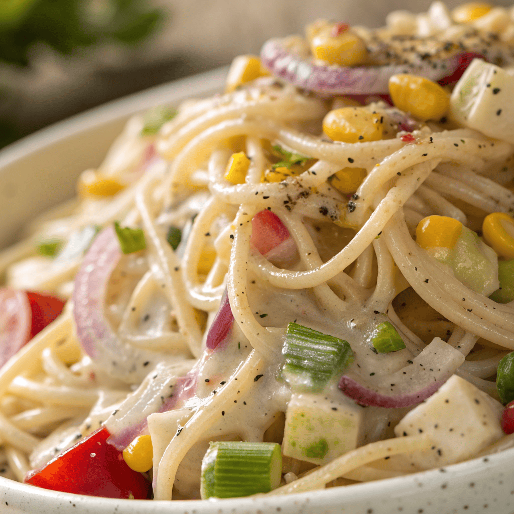 Close-up of creamy confetti pasta salad showing noodles, corn, and diced vegetables.