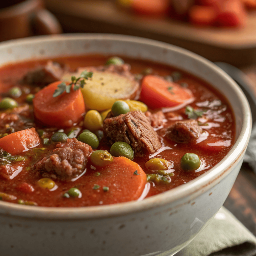 Best Cowboy Stew Soup with Beef, Beans, and Potatoes 3 Close-up texture of cowboy stew soup showing sausage, potatoes, vegetables, and thick tomato broth.