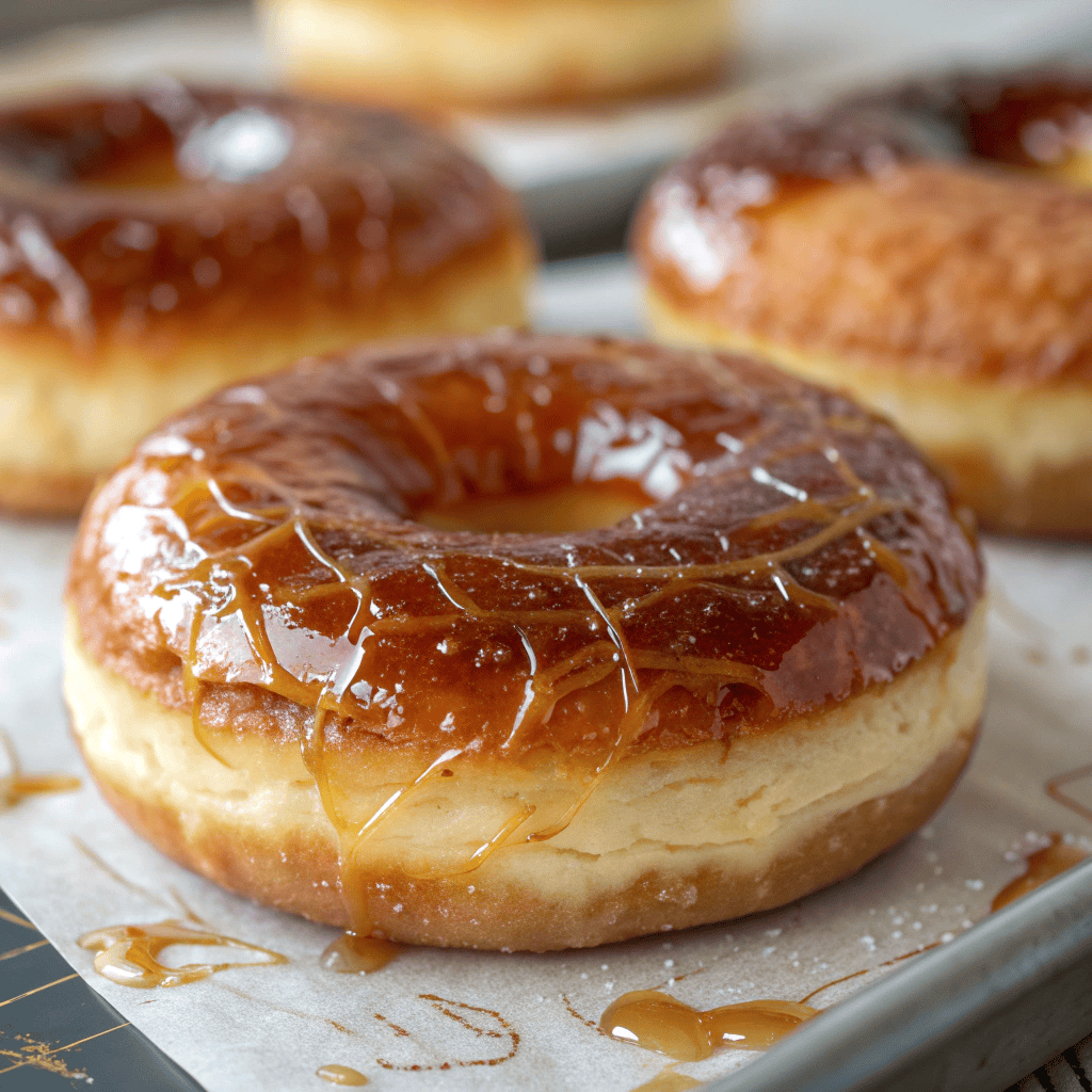 Close-up of caramelized sugar crust on crème brûlée donut