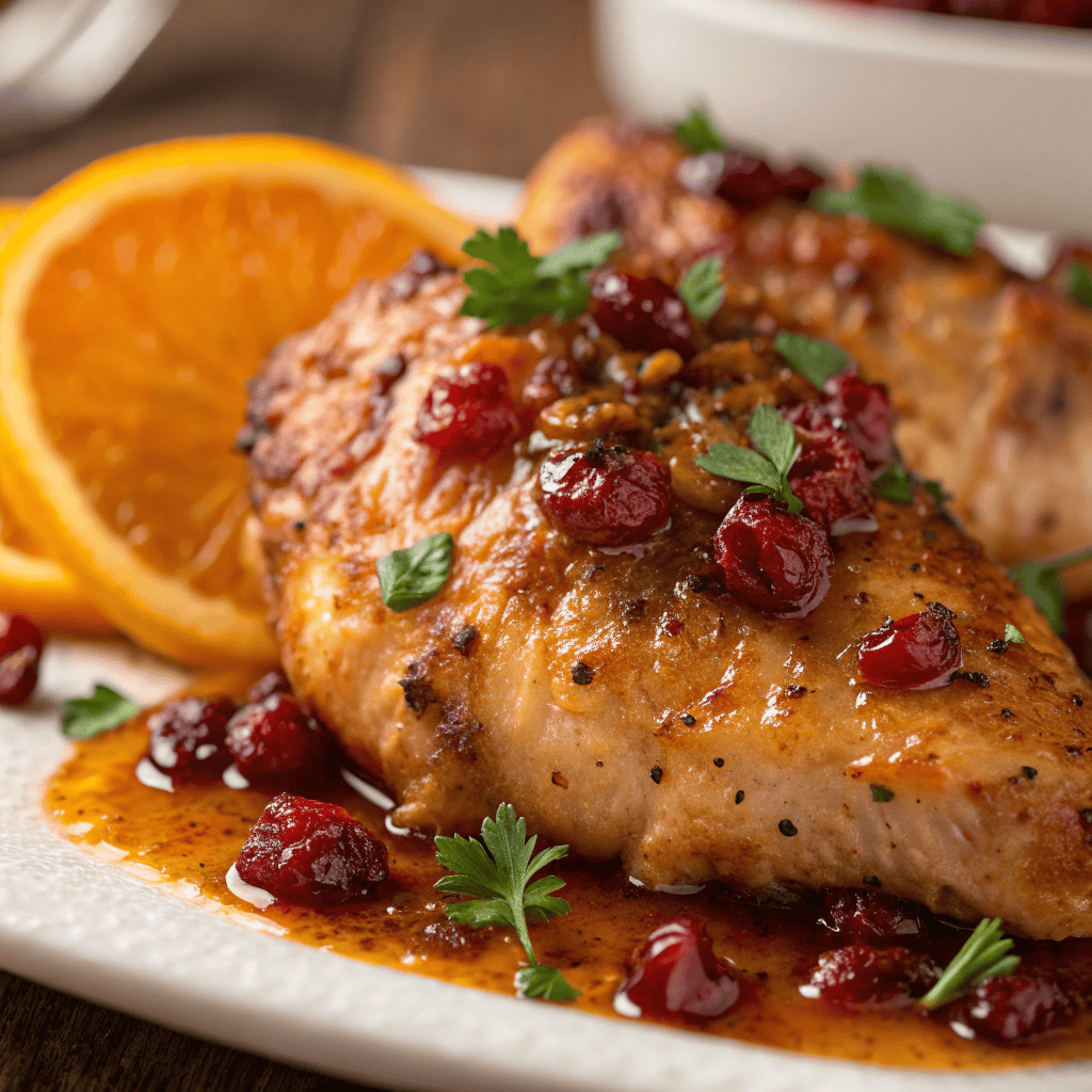 Close-up of cranberry orange glaze on crispy chicken thighs