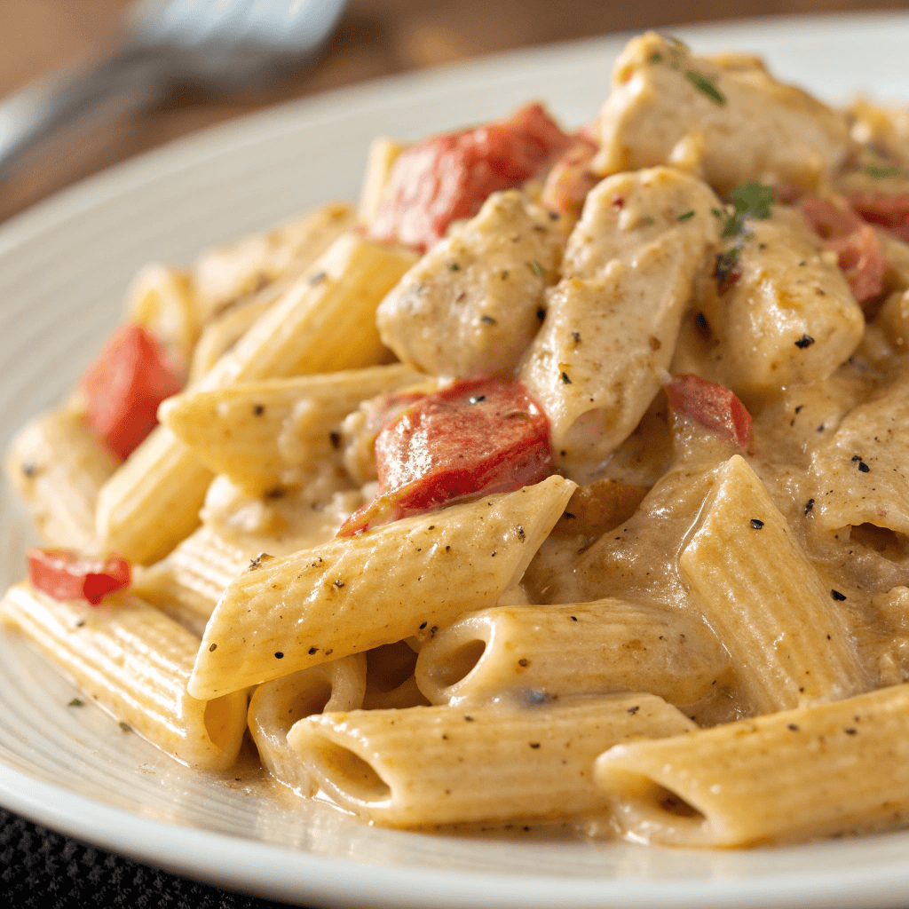 Close-up of creamy Louisiana chicken pasta showing thick Cajun sauce and penne texture.