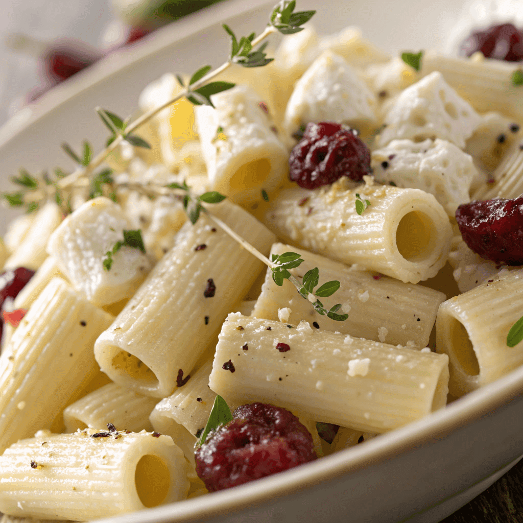 Close-up of rigatoni pasta with crumbly feta, cranberries, and herbs