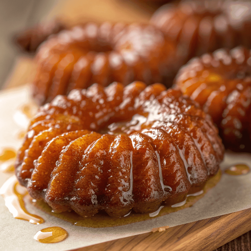 Close-up of crispy yakgwa showing caramelized ridges and glossy honey glaze.