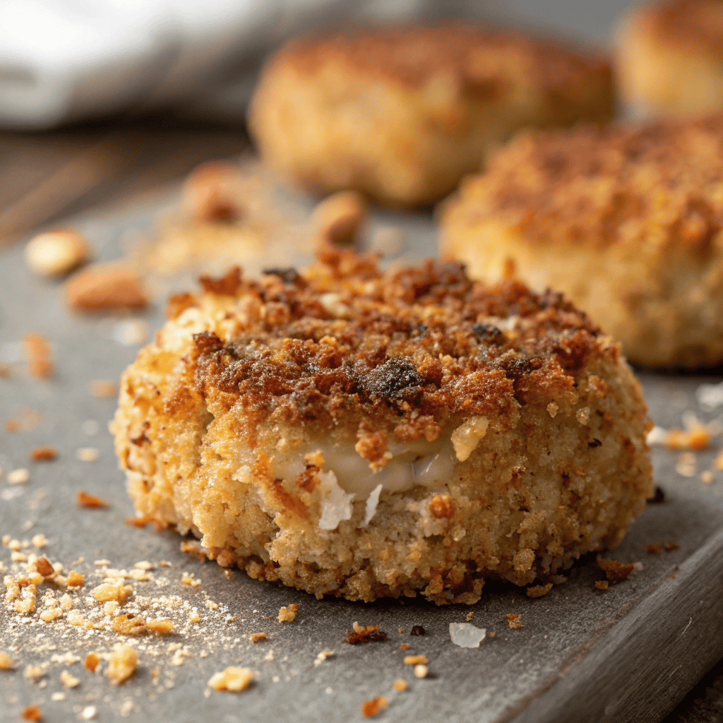 Close-up of crispy crab cake showing crunchy golden breadcrumb crust.