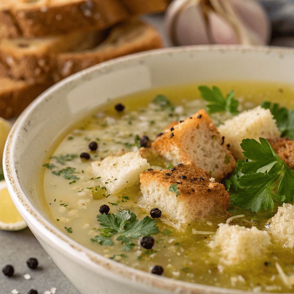 Macro close-up of Czech garlic soup showing golden broth, crispy croutons, melted cheese, and parsley.