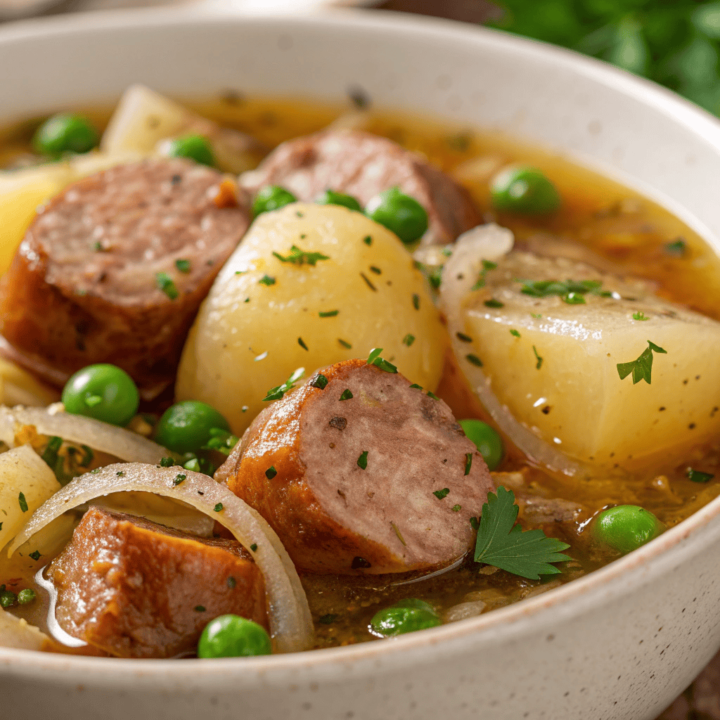 Close-up of Dublin coddle showing sausage, potatoes, and rich broth texture
