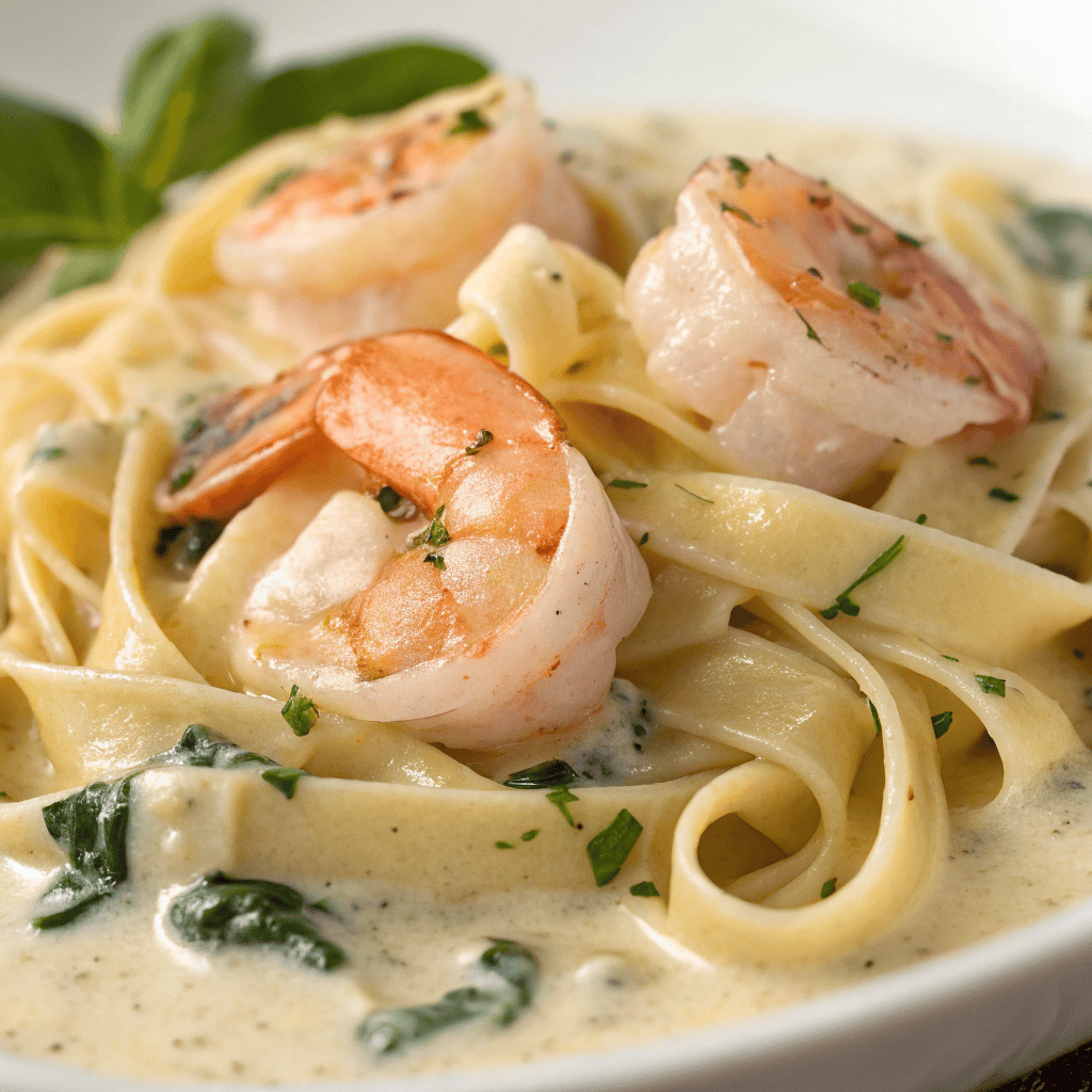 Macro close-up of shrimp fettuccine showing creamy Alfredo sauce, pasta ribbons, and spinach.