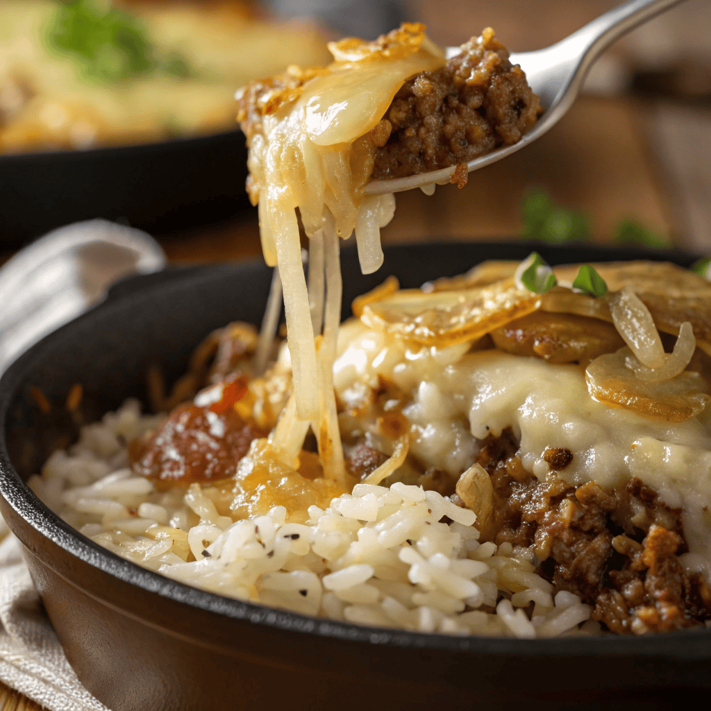 Close-up of French onion ground beef and rice casserole showing cheese and onion texture