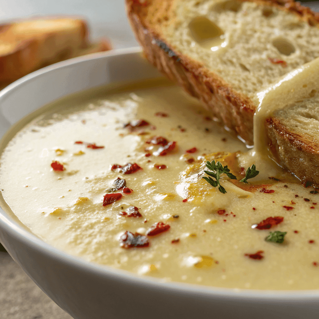 Ultimate French Garlic Soup – Rustic, Creamy, and Comforting 3 Macro close-up of French garlic soup showing creamy texture, oil drizzle, and crouton.
