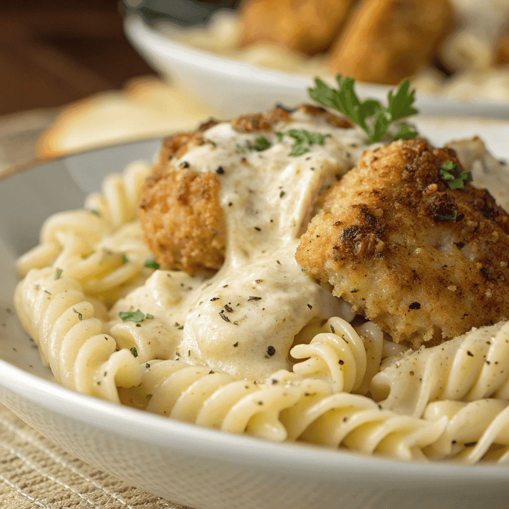 Crispy Garlic Parmesan Chicken Bites with Creamy Rotini Pasta 3 Close-up of creamy garlic parmesan rotini pasta with crispy chicken bites.