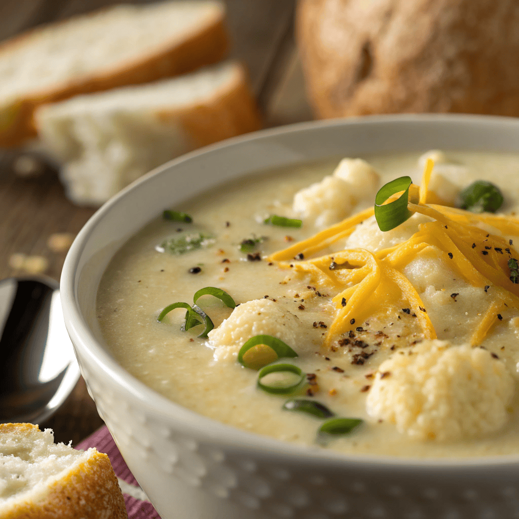 Close-up of creamy garlic cheddar cauliflower soup showing melted cheese and scallions.