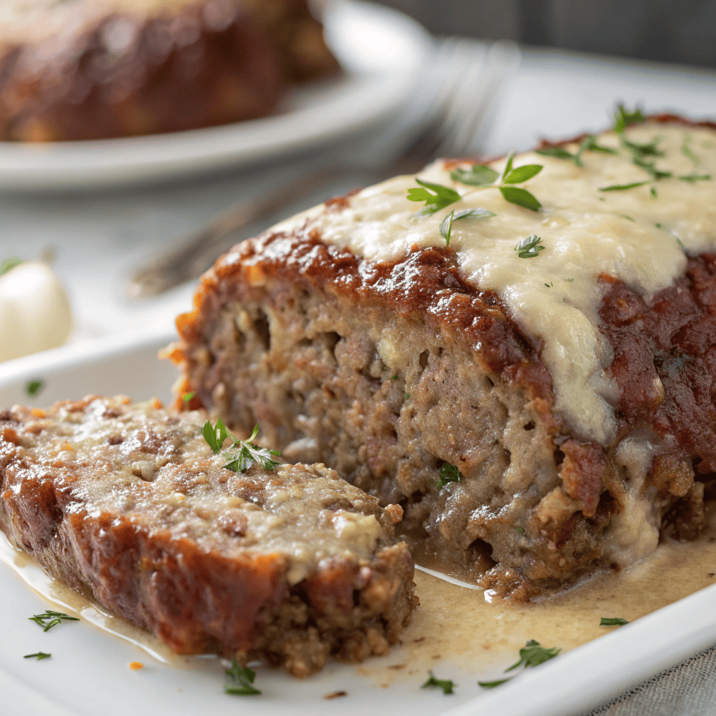 Close-up of garlic parmesan meatloaf showing creamy sauce and moist interior.
