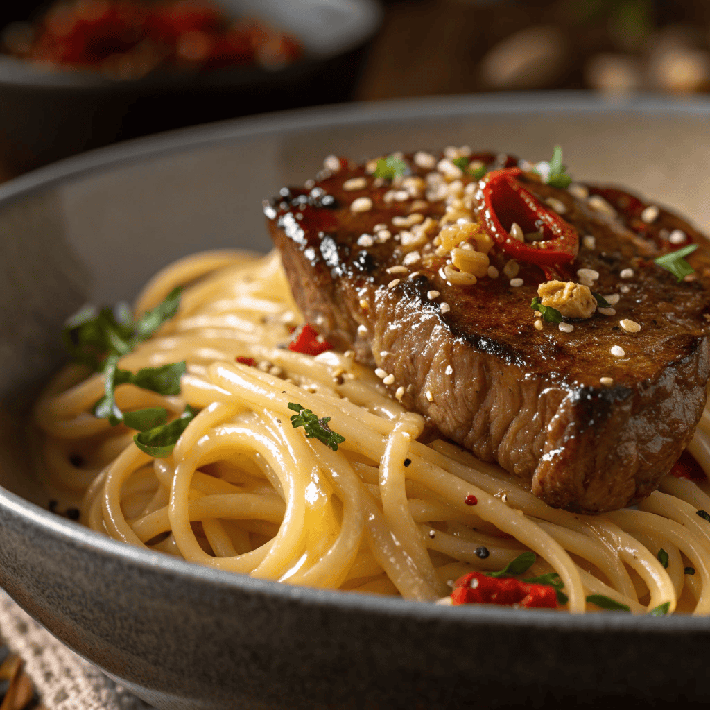 Close-up of garlic steak pasta showing glazed steak cubes and buttery spaghetti