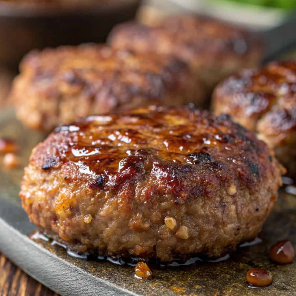 Macro close-up of German Frikadellen showing crispy browned crust and juicy meat texture.