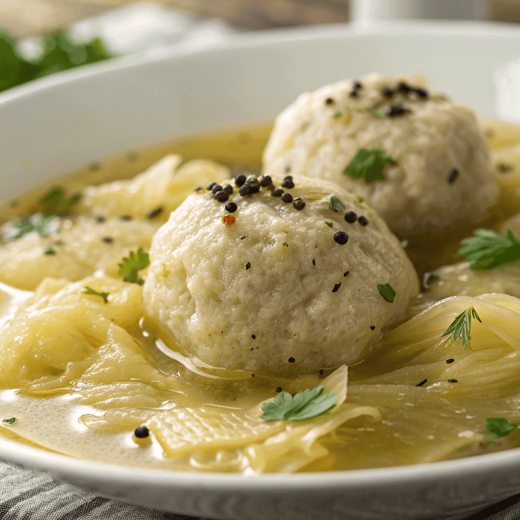 Close-up of bread dumplings and braised cabbage in light savory broth
