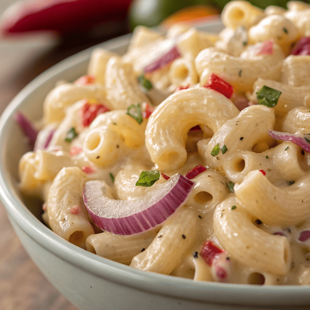 The Best Gordon Ramsay Macaroni Salad Recipe 3 Close-up of creamy macaroni salad showing pepper-specked dressing and vegetables.