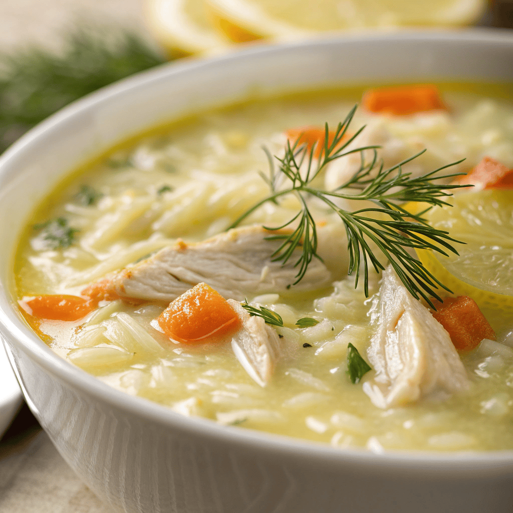 Close-up of Greek lemon chicken soup showing creamy broth, shredded chicken, rice, and dill.
