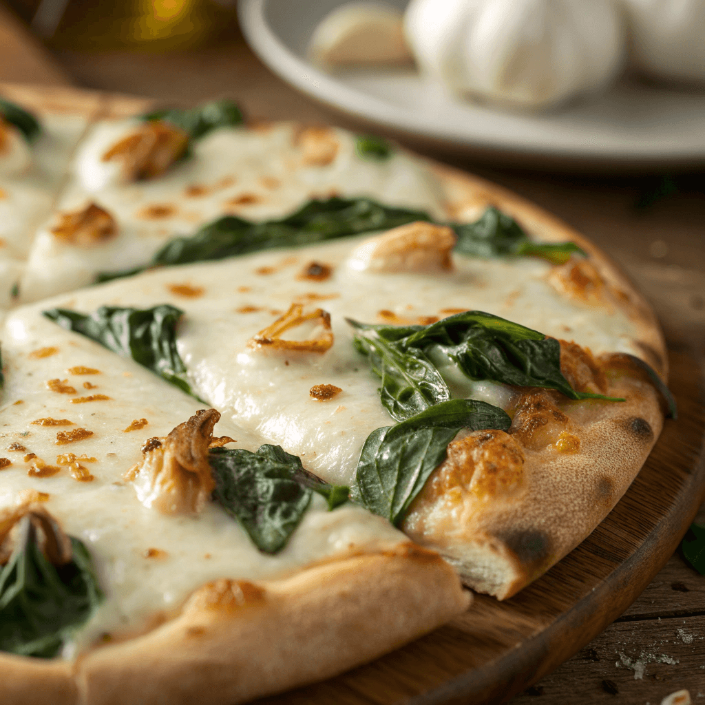 Close-up of Greek white pizza showing melted mozzarella, spinach, and roasted garlic.