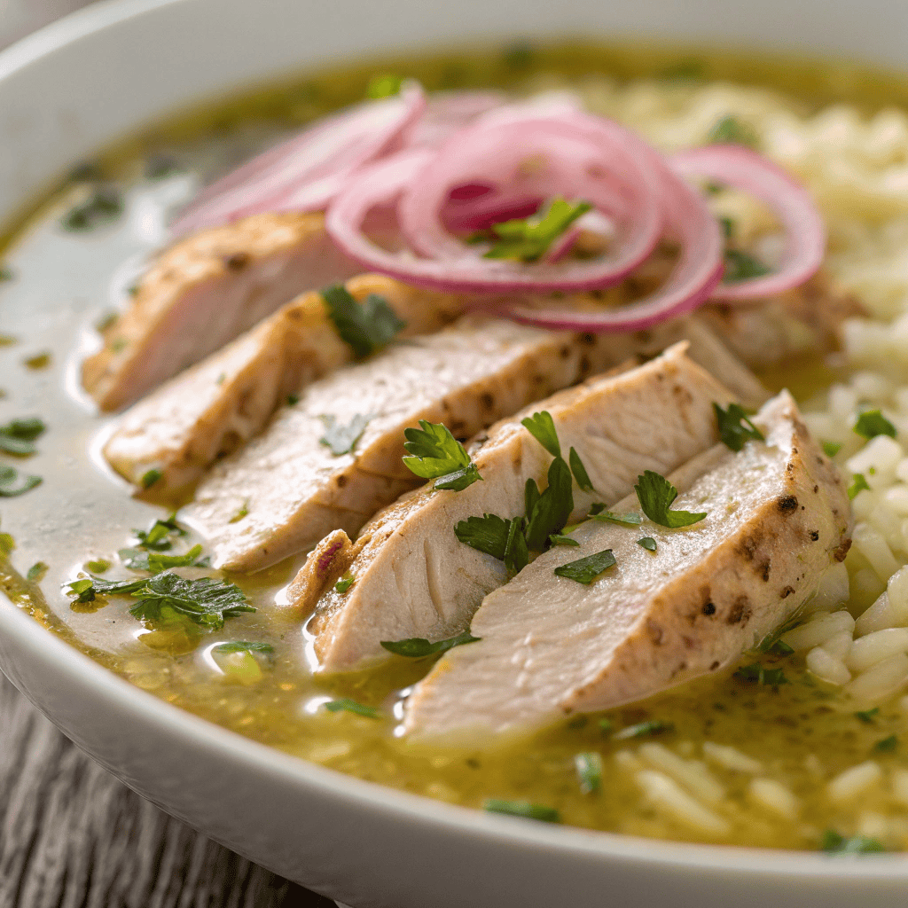 Close-up of herb chicken and rice soup showing broth and chicken texture