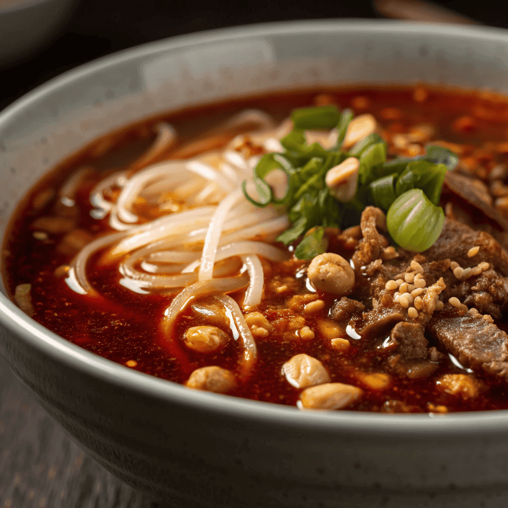 Close-up of spicy hot and sour noodle soup showing chili oil and glass noodles
