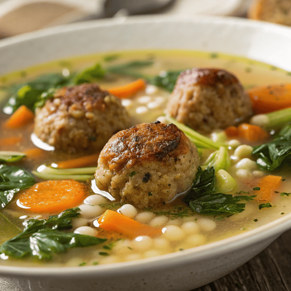 Macro close-up of Italian wedding soup showing meatballs, orzo pasta, vegetables, and clear broth.