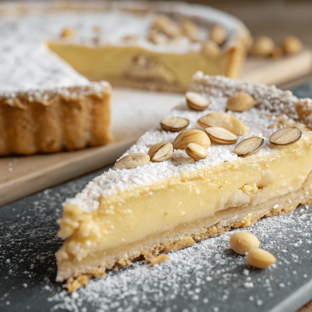 Macro close-up of torta della nonna showing creamy custard and crumbly crust texture.