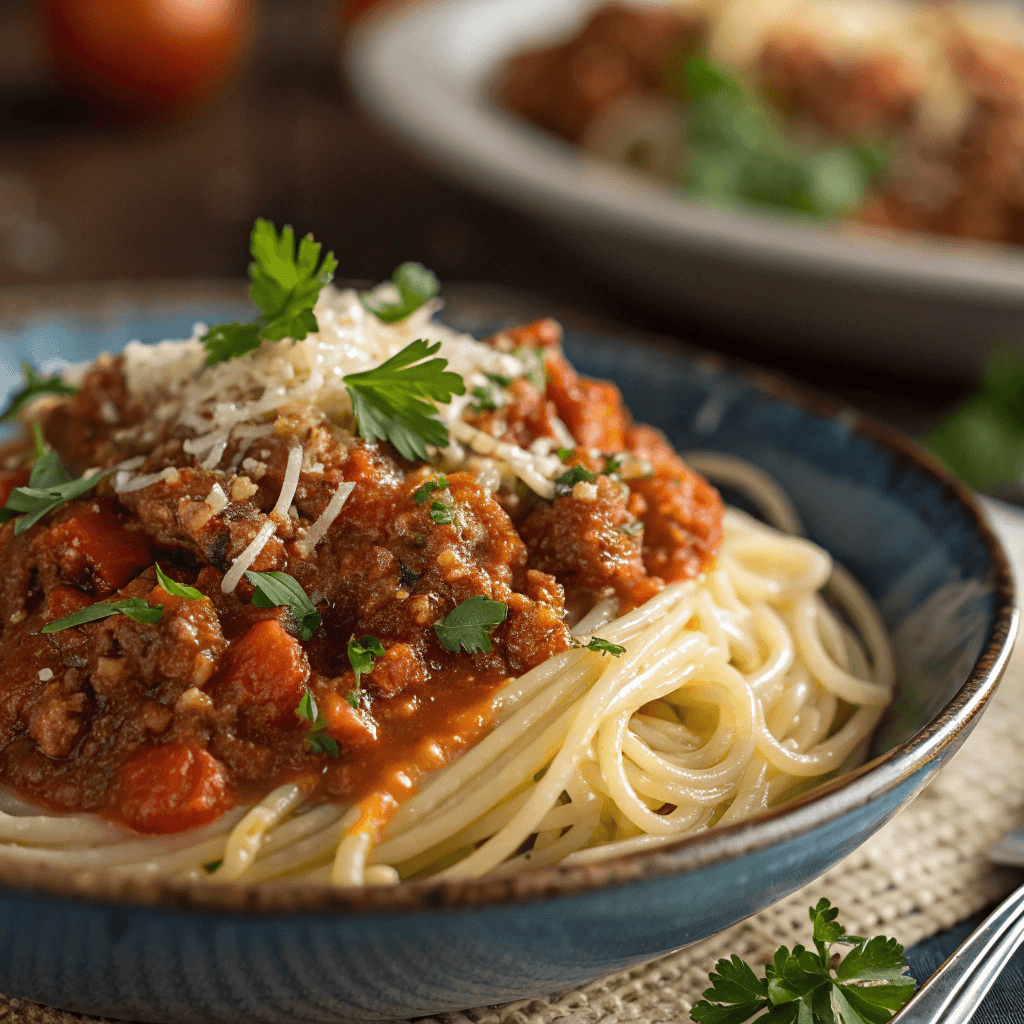 Close-up of Italian meat tomato sauce showing beef texture, parmesan, and herbs.