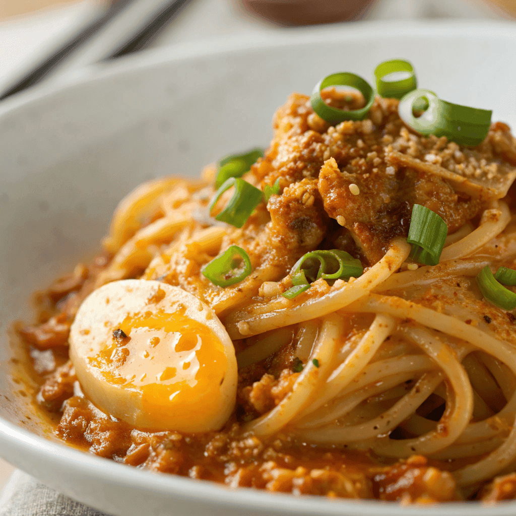 Close-up of creamy ssamjang pasta noodles with tofu, cheese, and green onions.