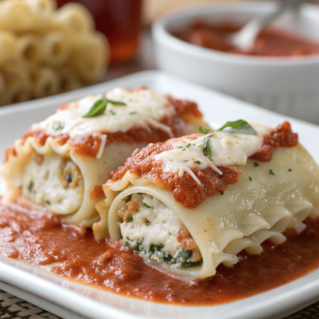 Close-up of lasagna rolls showing pasta layers, ricotta filling, and melted cheese
