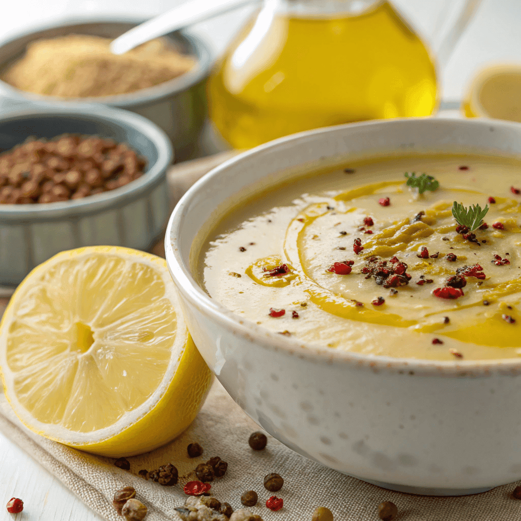 Close-up of creamy Lebanese lemon lentil soup showing olive oil and chili flakes