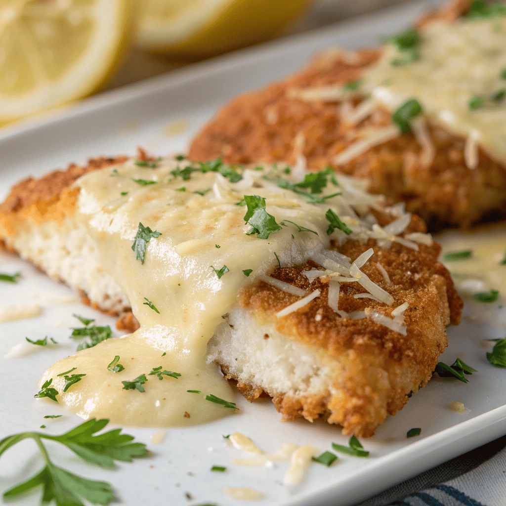 Macro close-up of lemon chicken Romano showing crispy cheese crust, butter sauce, parsley, and grated cheese.