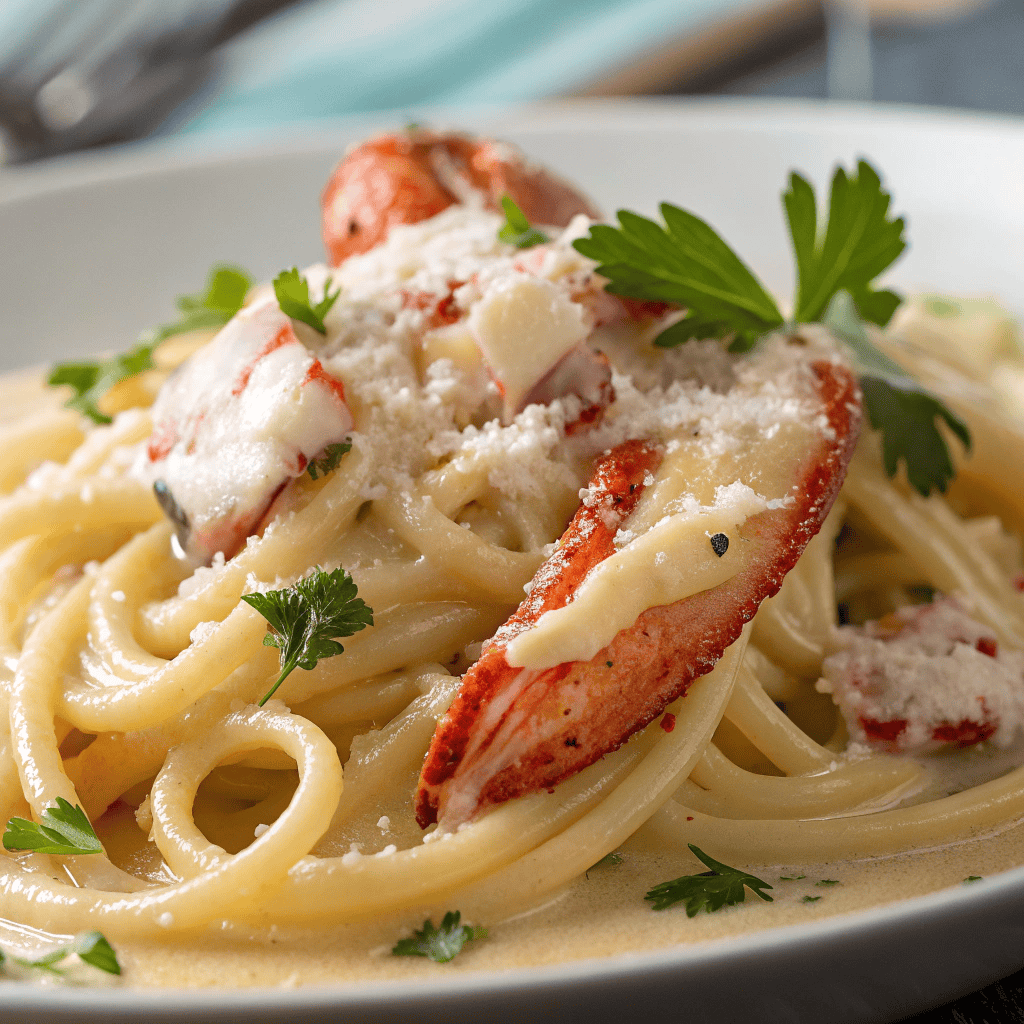 Close-up of creamy lobster bucatini pasta showing sauce texture and lobster meat detail