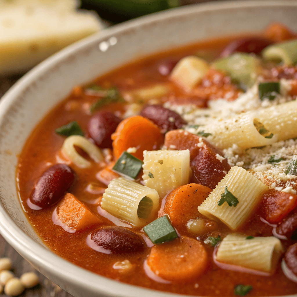 Macro close-up of minestrone soup showing pasta, beans, vegetables, and tomato broth texture.