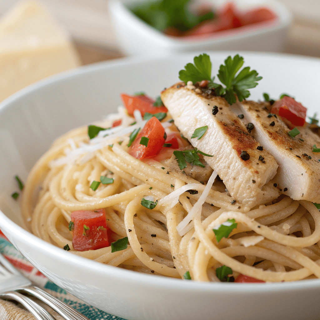 Close-up of spaghetti with grilled chicken, garlic oil sauce, and parsley