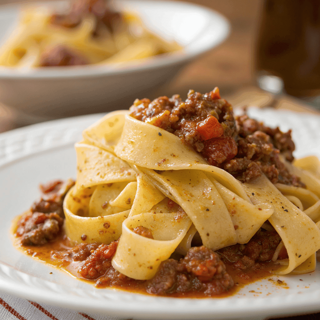 Close-up of chunky beef bolognese sauce clinging to wide pappardelle pasta ribbons