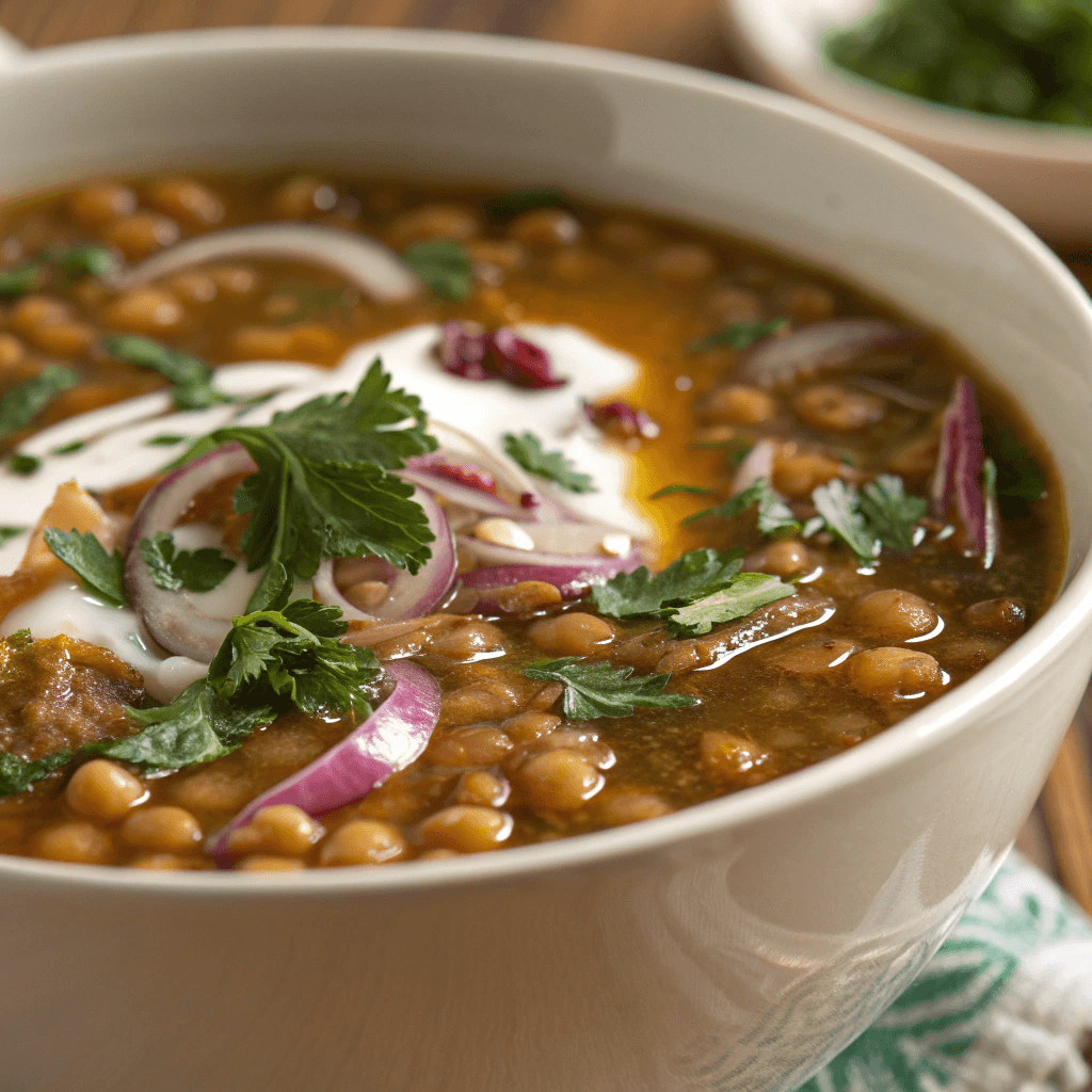 Close-up of Persian soup showing lentils, beans, herbs and yogurt texture