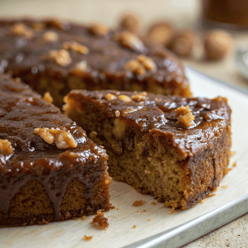 Close-up of Persian date cake showing sticky glaze and moist crumb texture