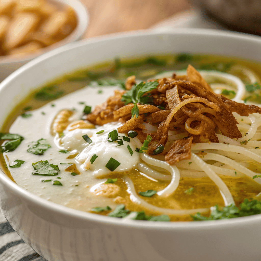 Close-up of Persian noodle soup showing thick noodles, herbs, yogurt drizzle, and fried onions