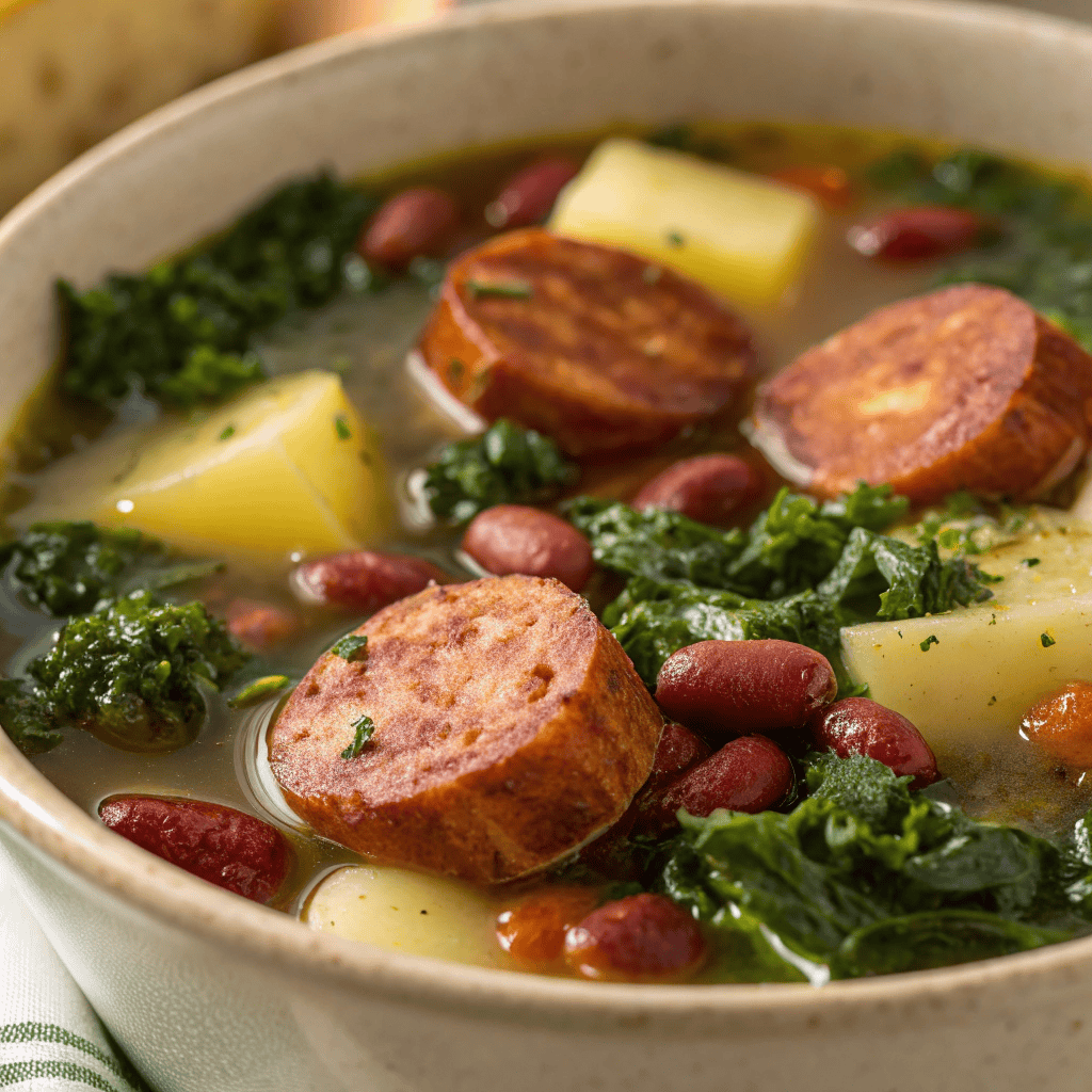 Macro close-up of Portuguese kale soup showing sausage, potatoes, and broth texture.