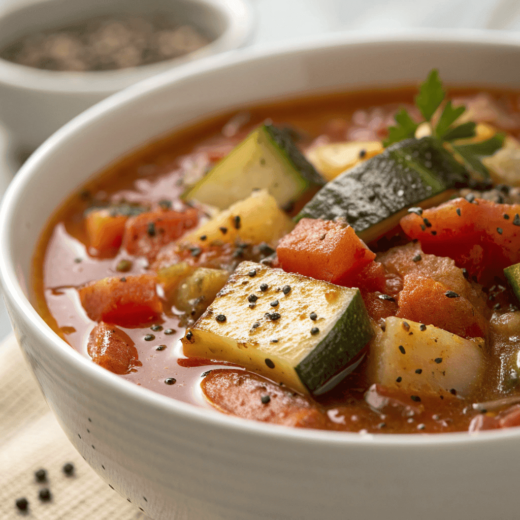 Close-up of ratatouille soup vegetables showing zucchini, eggplant, and tomato broth.