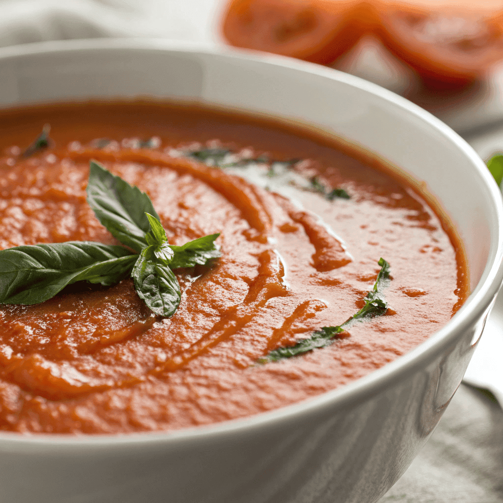 Close-up of smooth roasted tomato soup showing creamy texture and basil garnish.