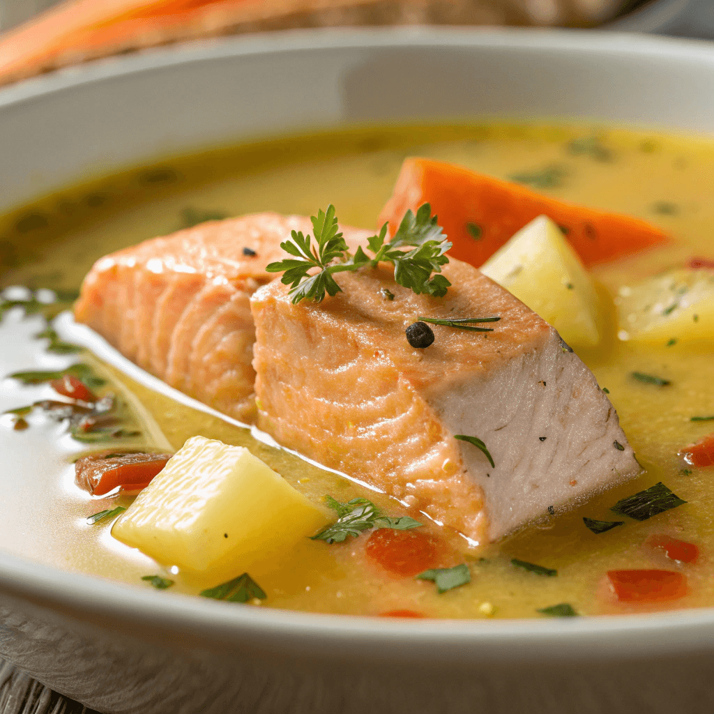 Easy Creamy Finnish Salmon Soup Recipe 3 Close-up of salmon soup showing flaky salmon and creamy broth texture