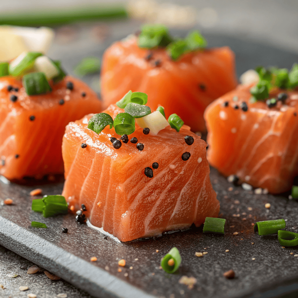 Macro close-up of salmon bite showing flaky texture, glaze, and green onion garnish.