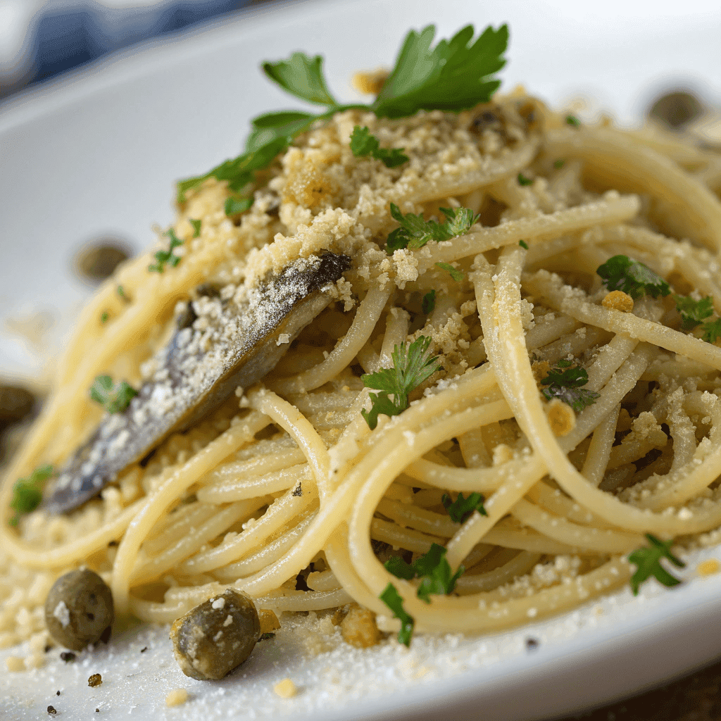 Macro close-up of sardine pasta showing spaghetti strands, toasted breadcrumbs, capers, and herbs.